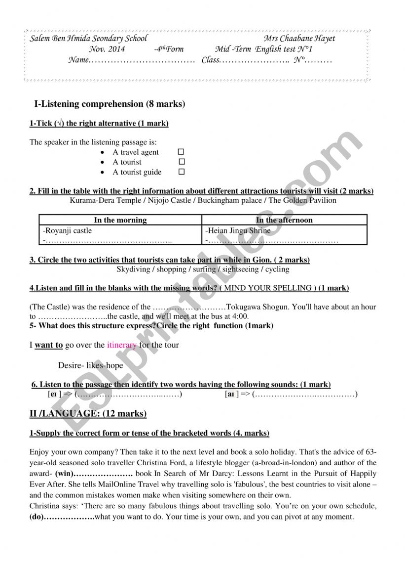 4th mid term test n1 worksheet