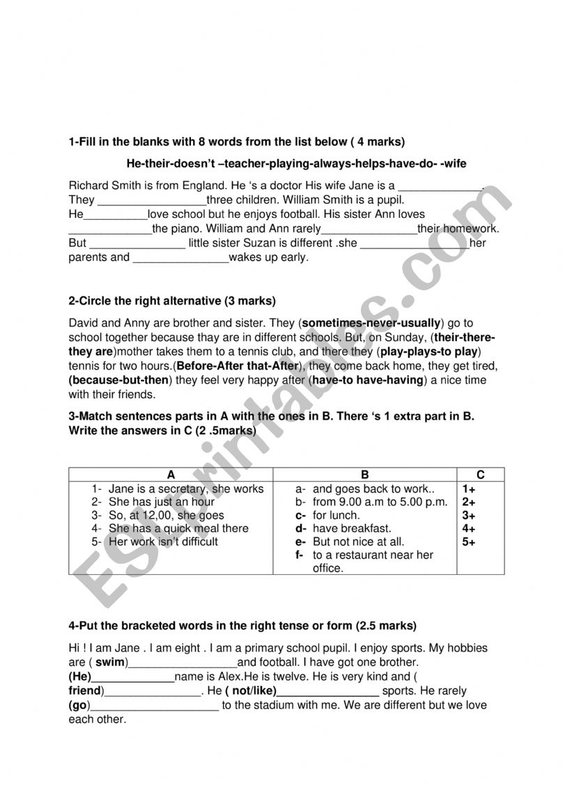  7 th form Mid term test 1 worksheet