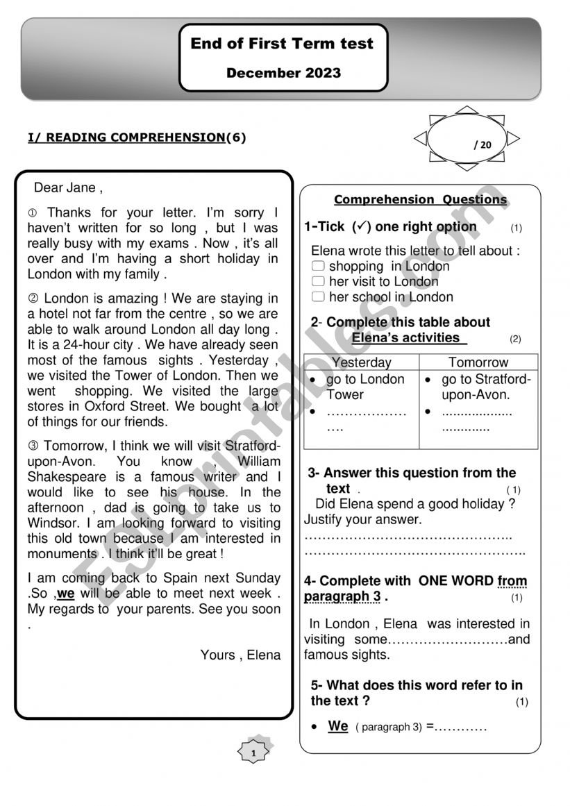  8th form test term1 worksheet