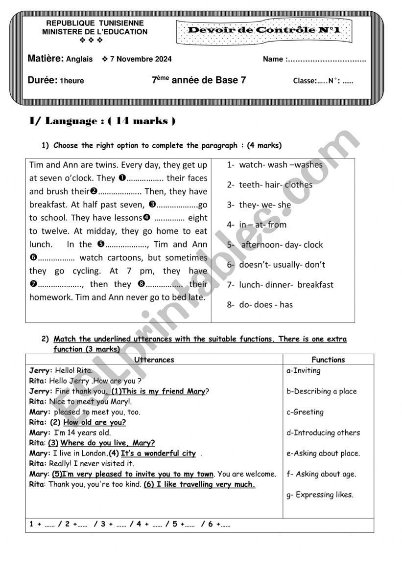 mid term test n 1 7th form worksheet