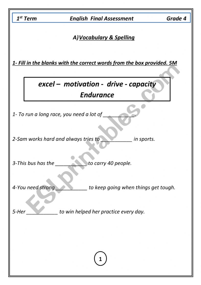 4th grade final test  worksheet