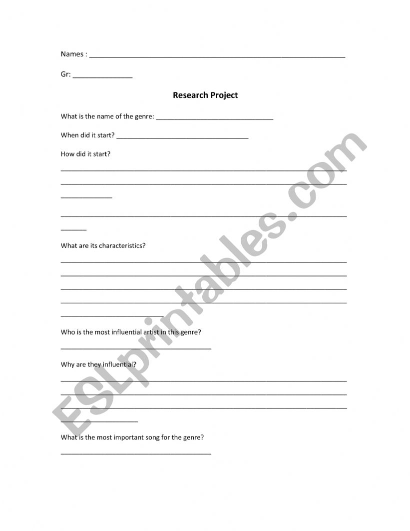 Music Genre Research Project worksheet