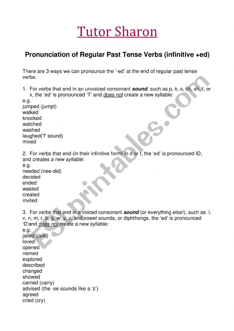 Pronunciation of Regular Past Tense Verbs (infinitive +ed)