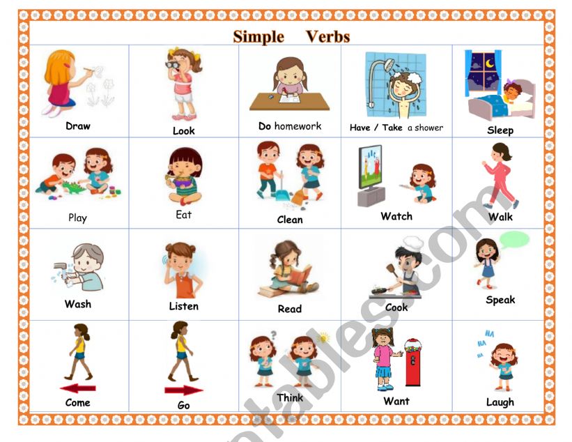 2 pages; Very simple verbs pictionary and complete on page two