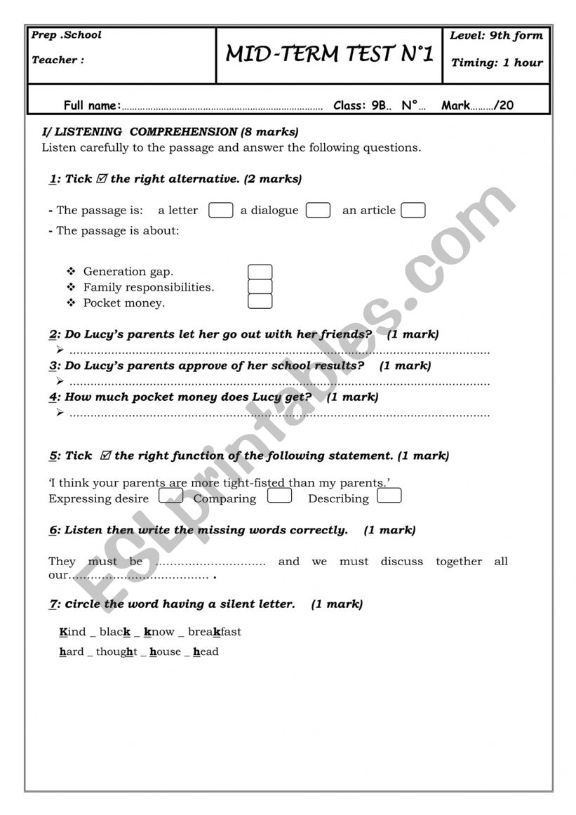 9th form test n 1 worksheet