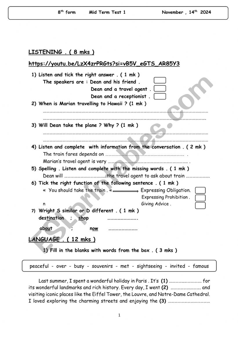 Mid Term Test 1 8th form  worksheet