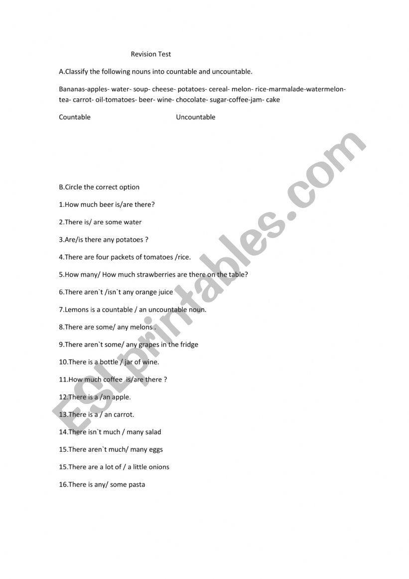 Countable and uncountable worksheet