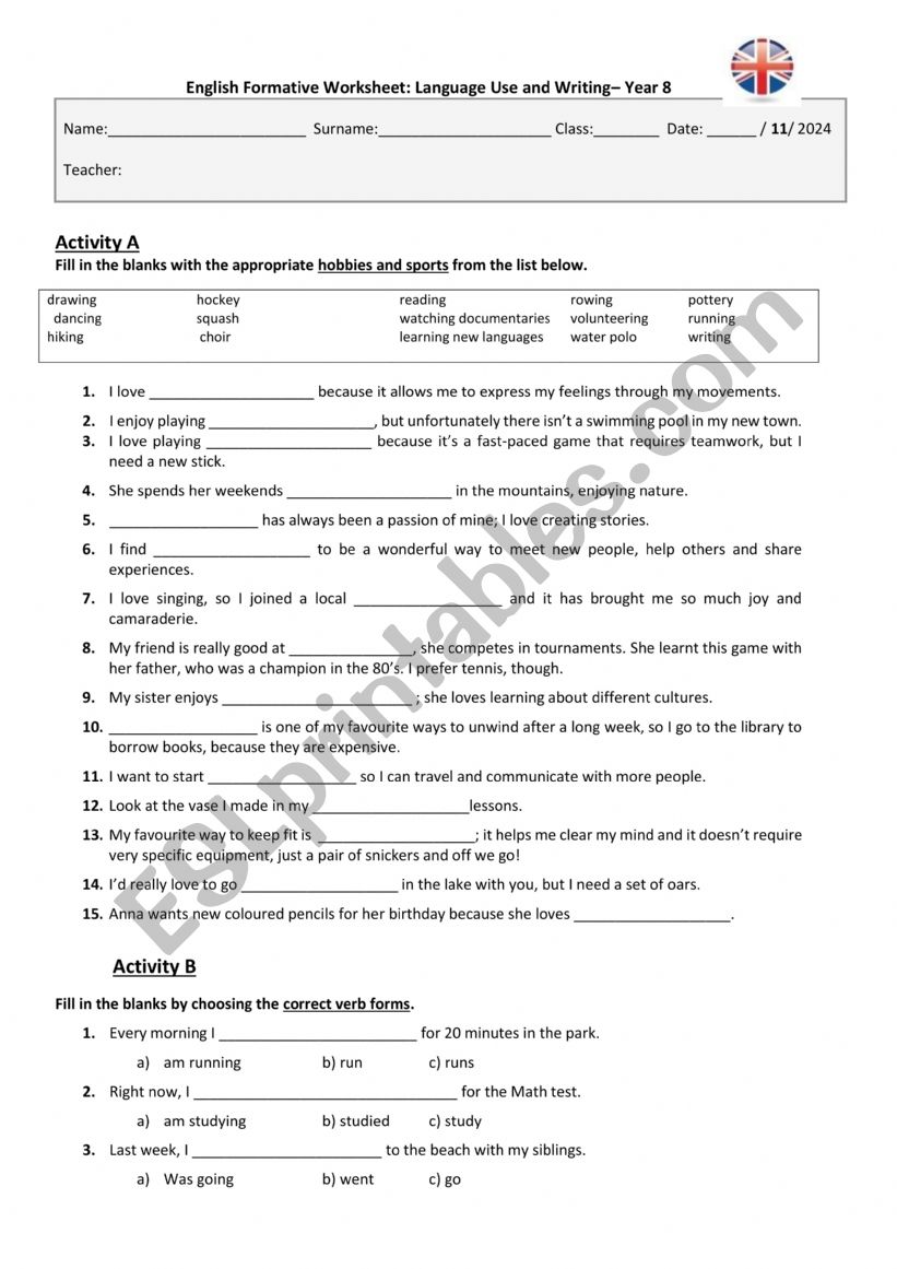 English worksheet 1 - Hobbies, Present and Past tenses