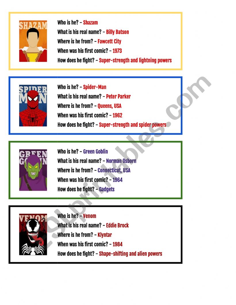 Superhero Personal Information Speaking Cards (part 2)