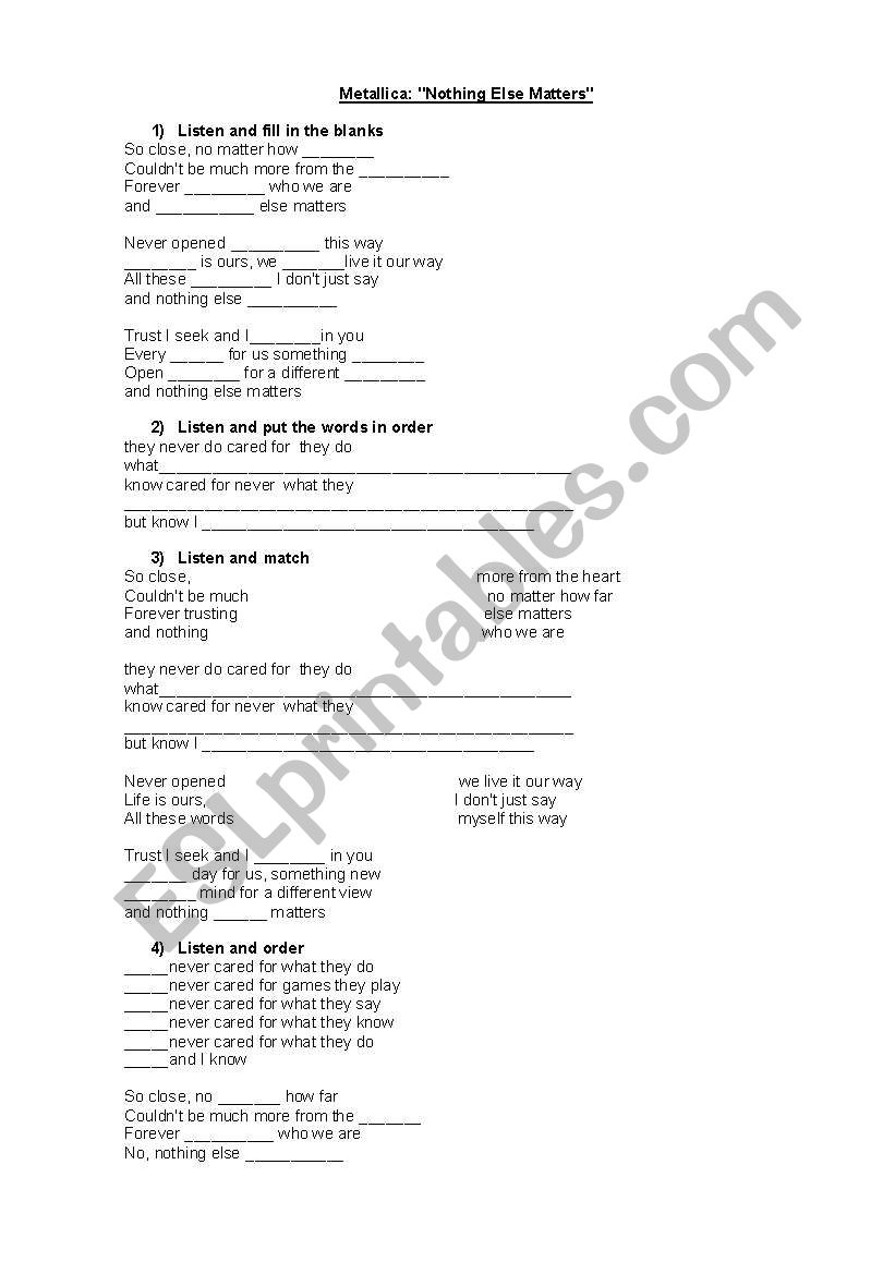 song: Metallica worksheet