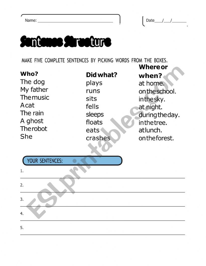 Sentence Structure worksheet