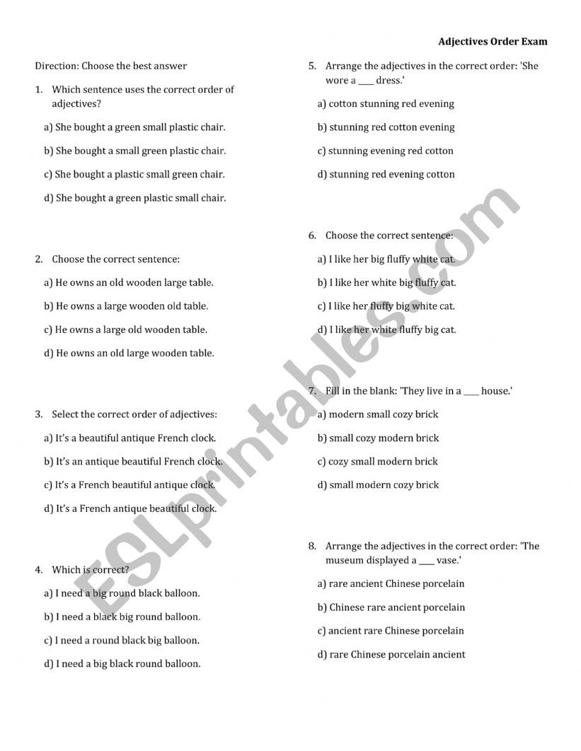 adjective order worksheet