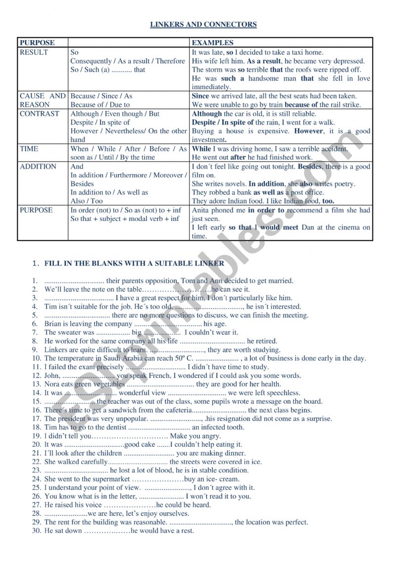 LINKERS worksheet