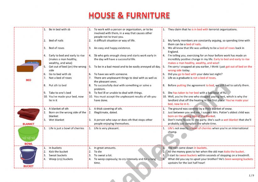 House and Furniture Idioms worksheet