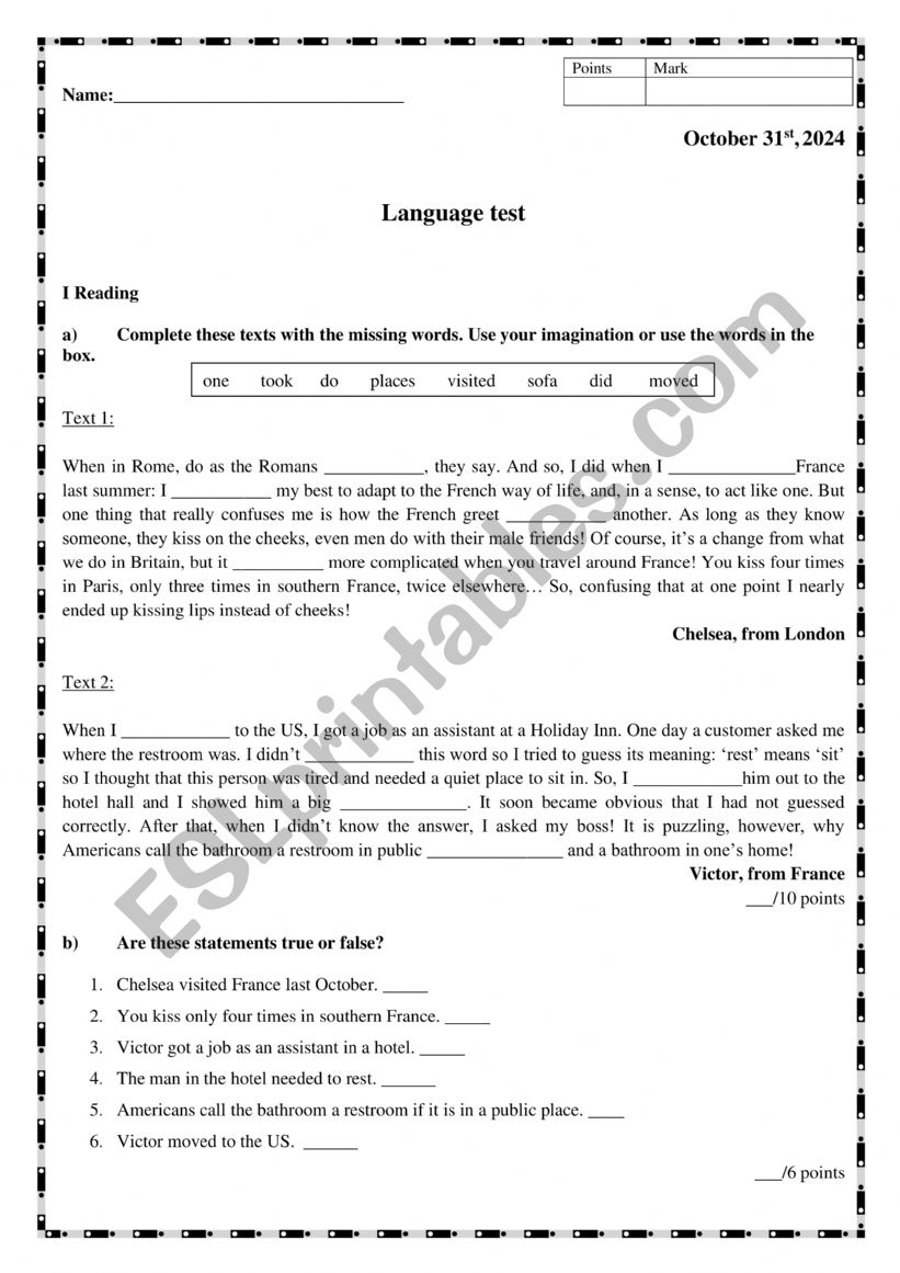 language and vocabulary worksheet