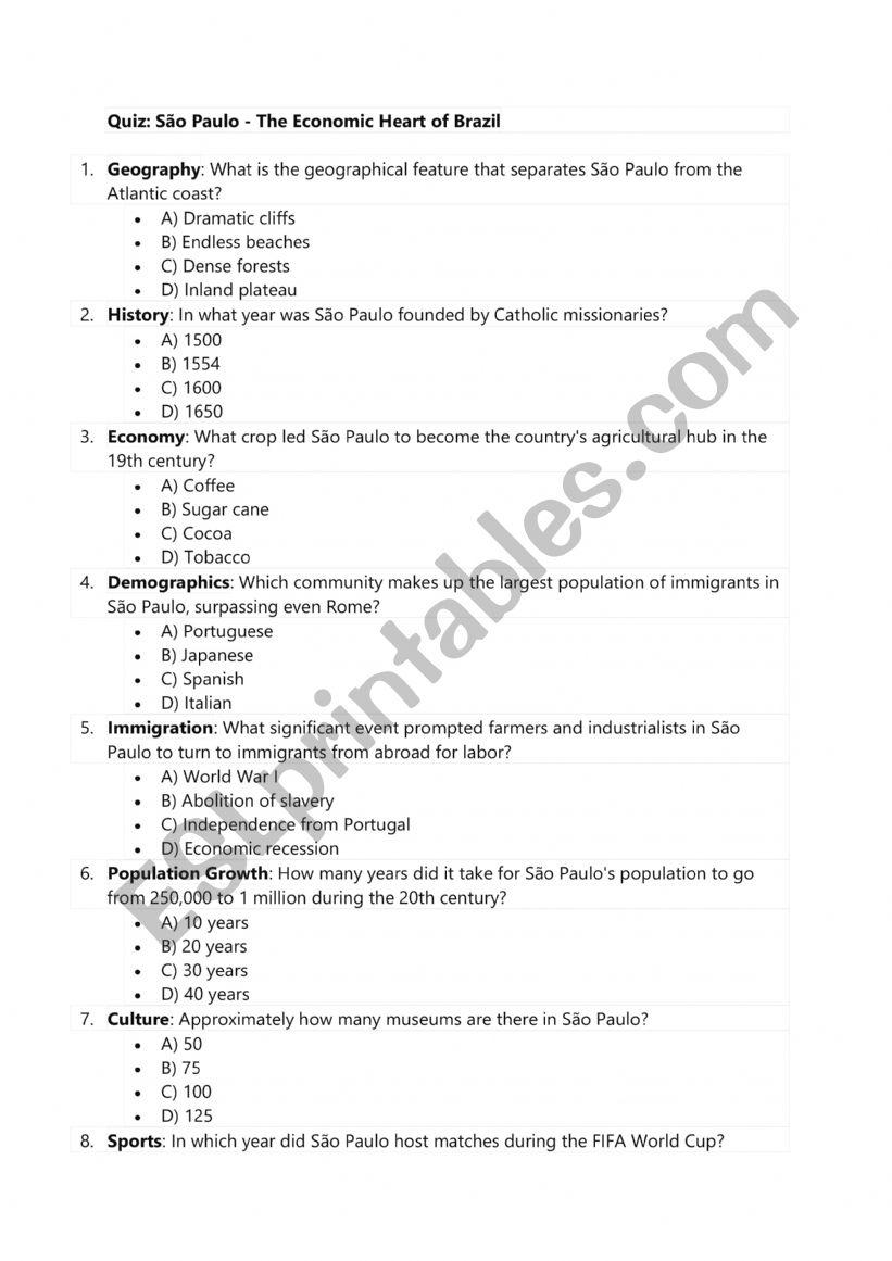 Sao Paolo Quiz worksheet