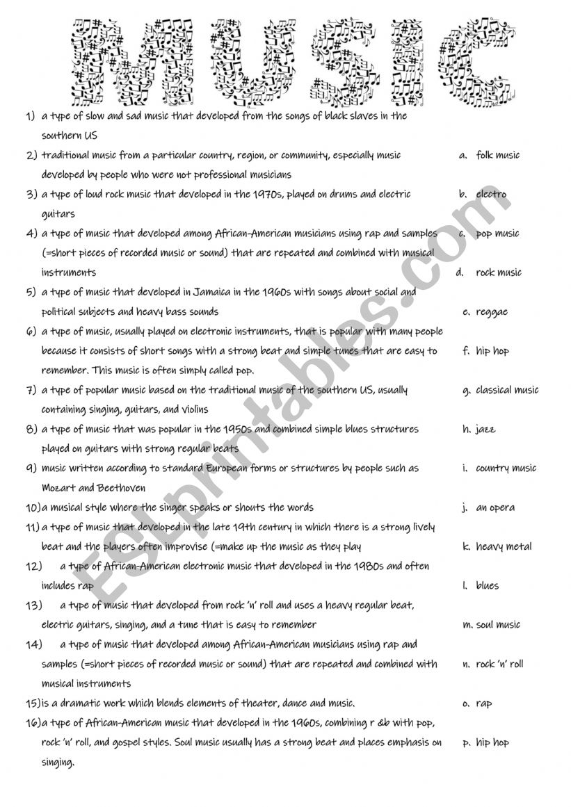 Music genres  worksheet