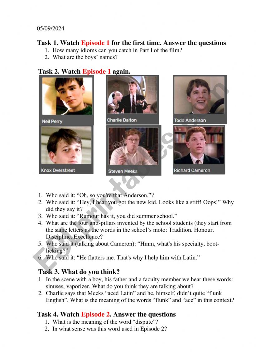 Dead Poets Society worksheet