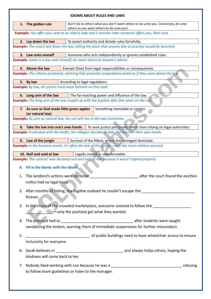 IDIOMS ABOUT RULES AND LAWS worksheet