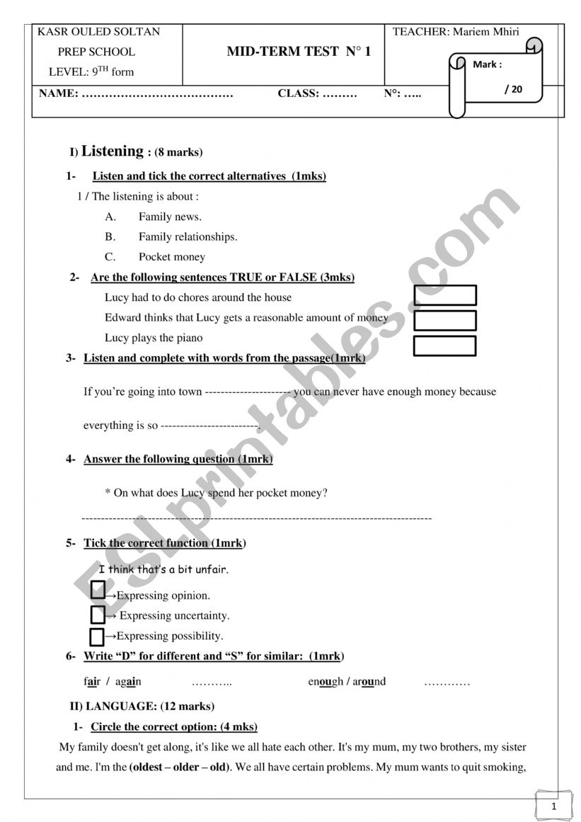 9th Form Mid Term Test N1  worksheet