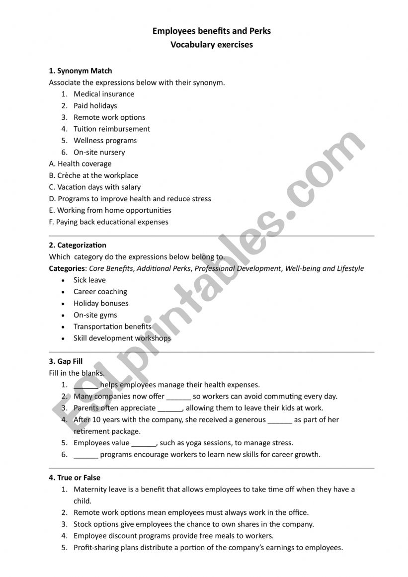 Perks and Benefits at work worksheet