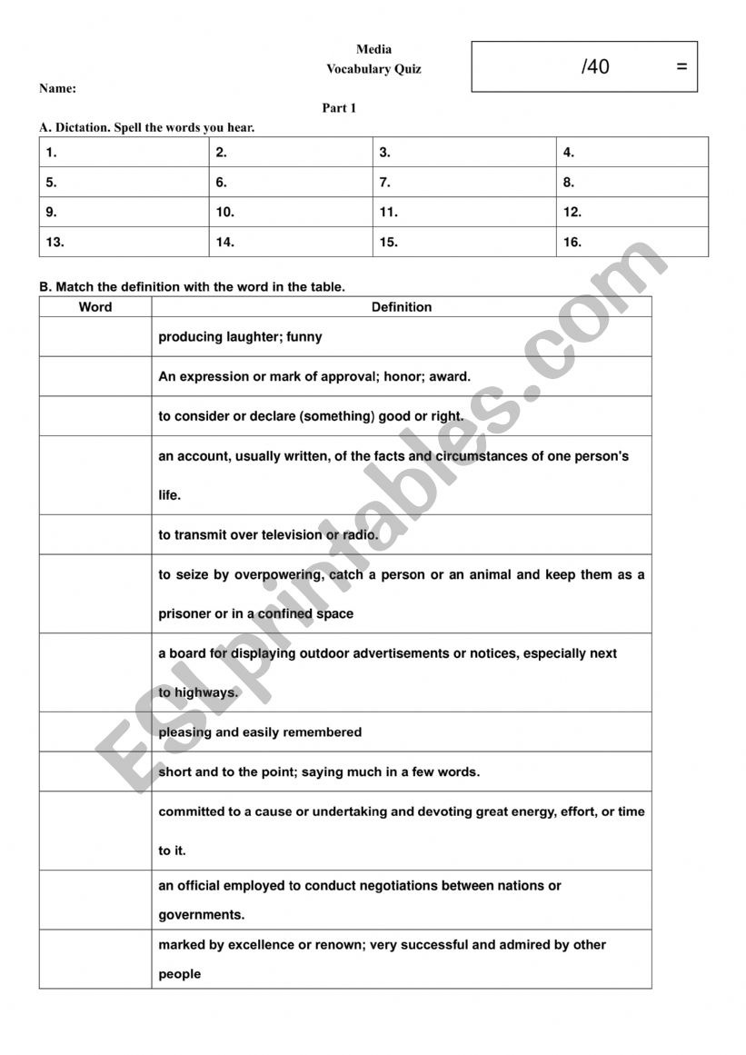 Media related vocabulary quiz worksheet