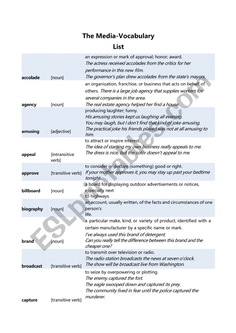 Media vocabulary list  worksheet