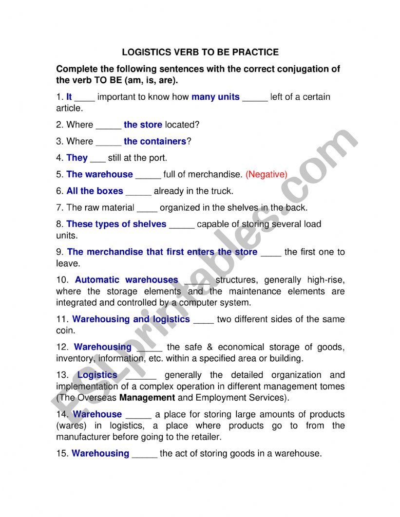 LOGISTICS VERB TO BE PRACTICE worksheet