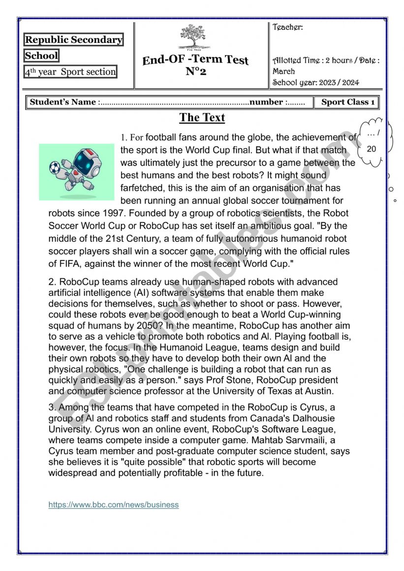 bac sport test worksheet