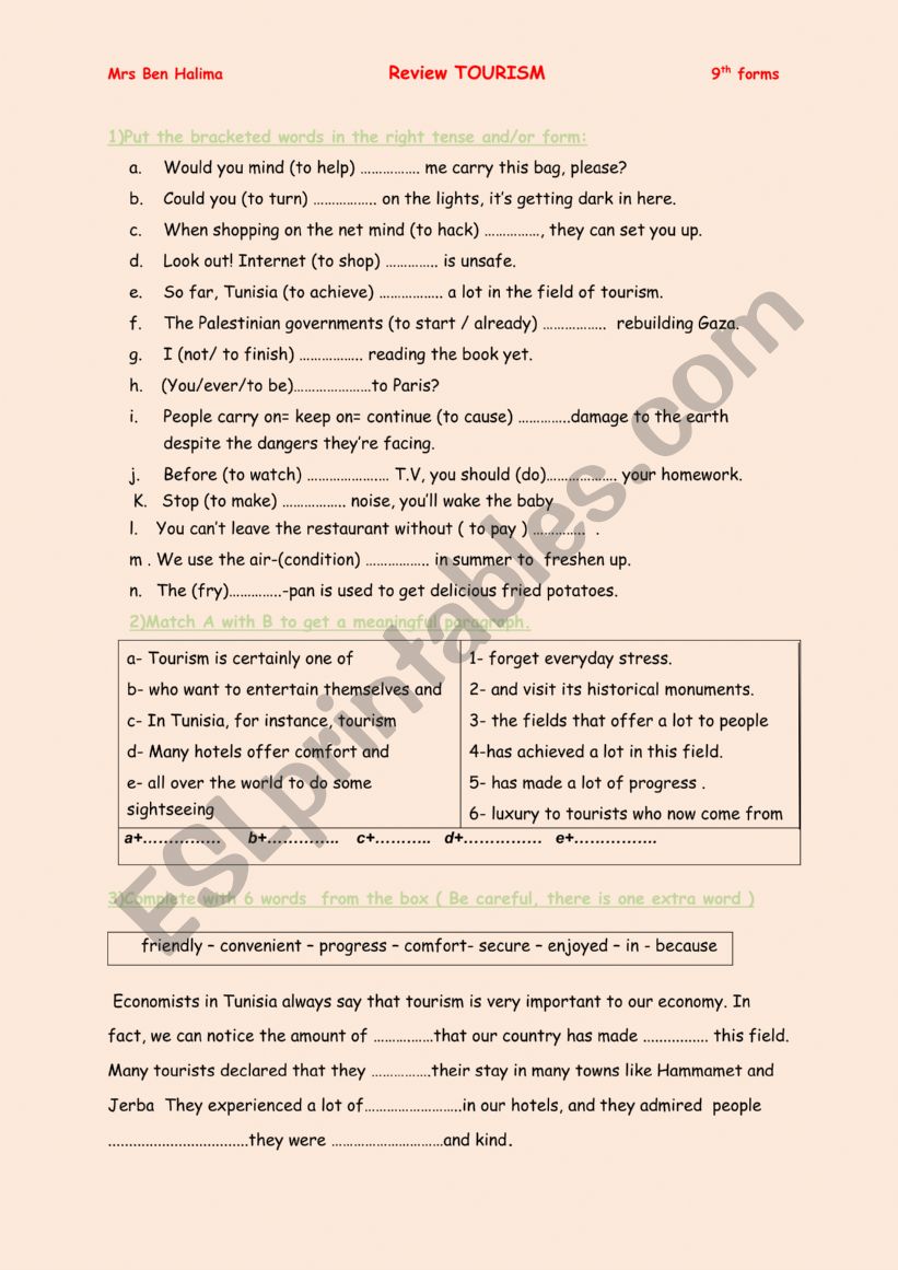 Review Tourism 9th form worksheet