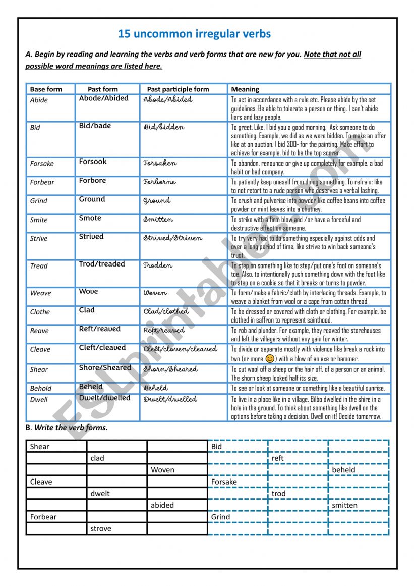 15 UNCOMMON IRREGULAR VERBS worksheet