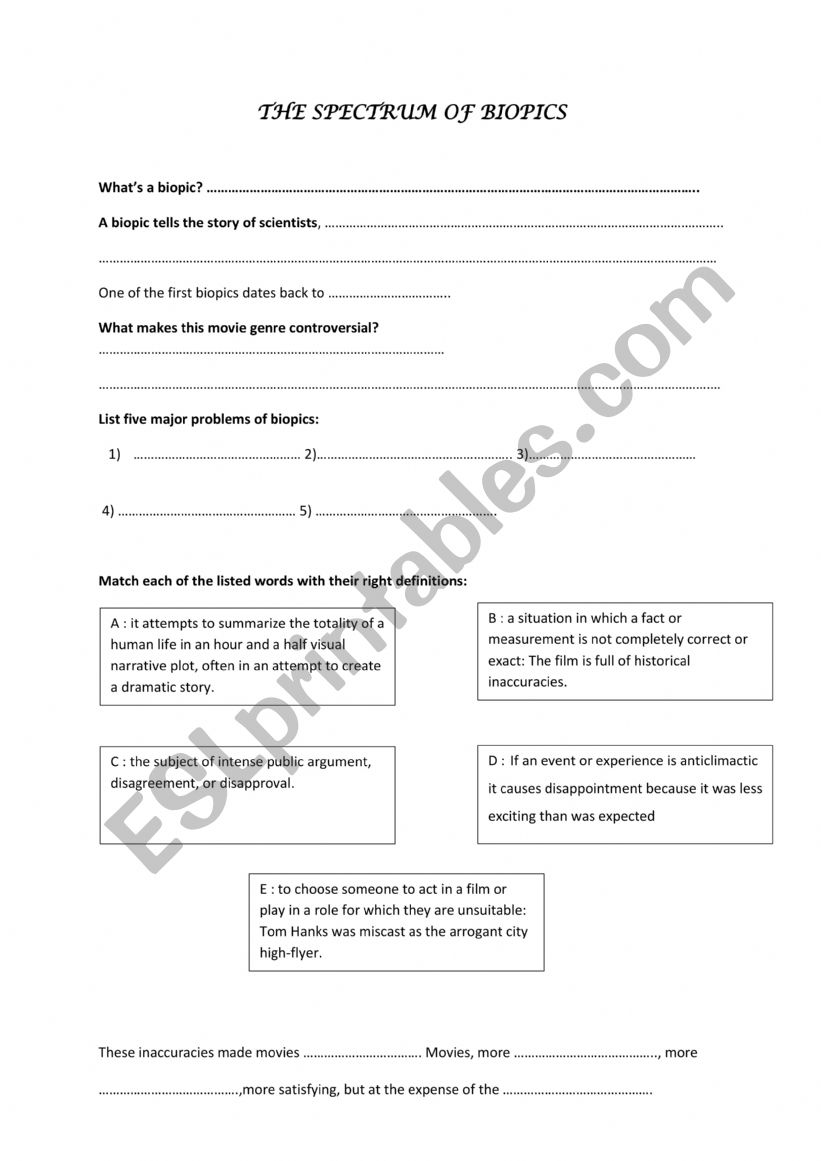 The Spectrum of Biopics  worksheet