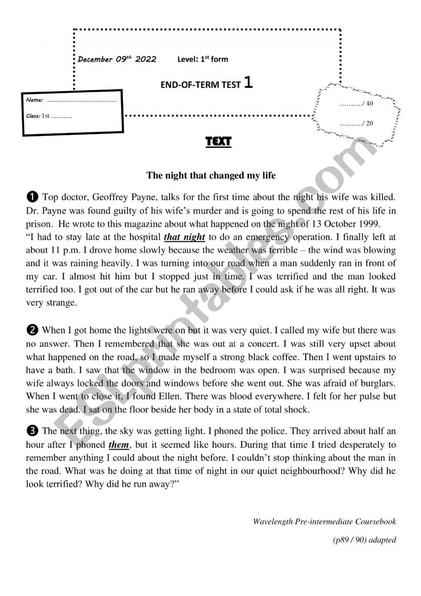 1st form End of term test 1  worksheet