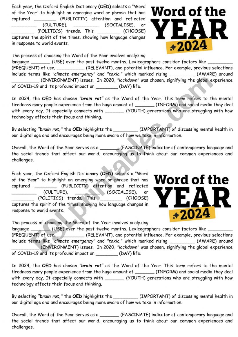 Word of the Year worksheet