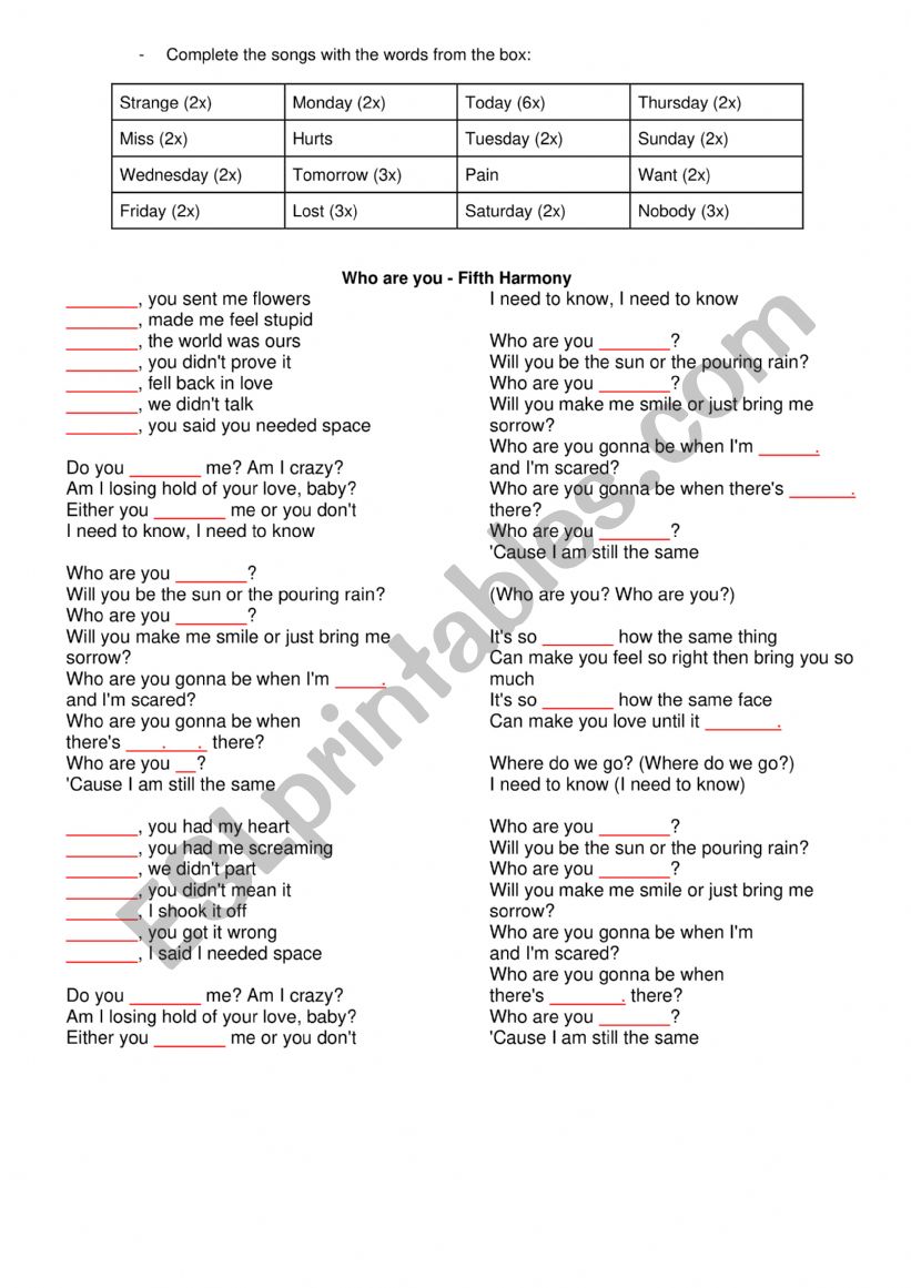 Who are you - Fifth Harmony worksheet