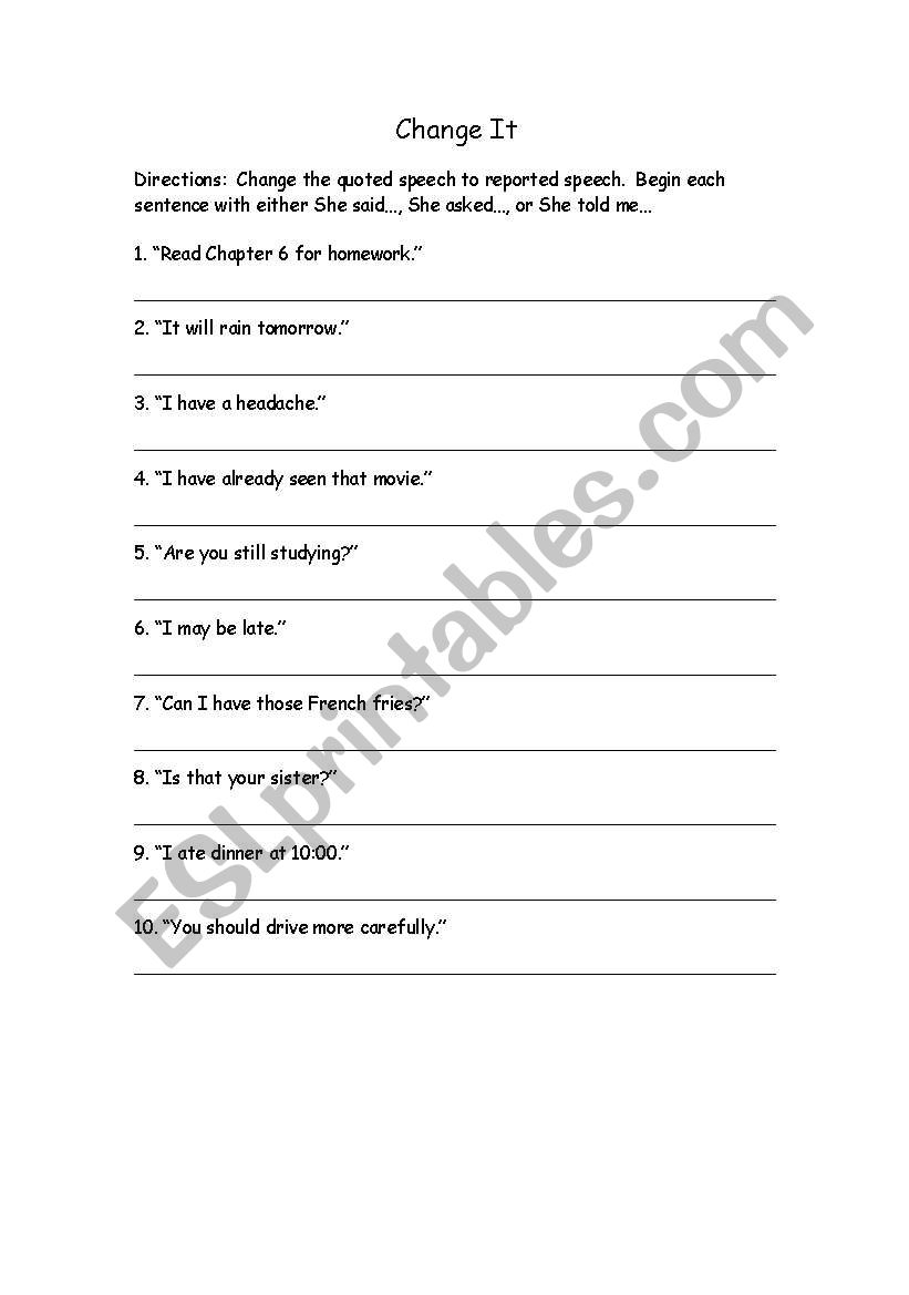 Reported Speech worksheet