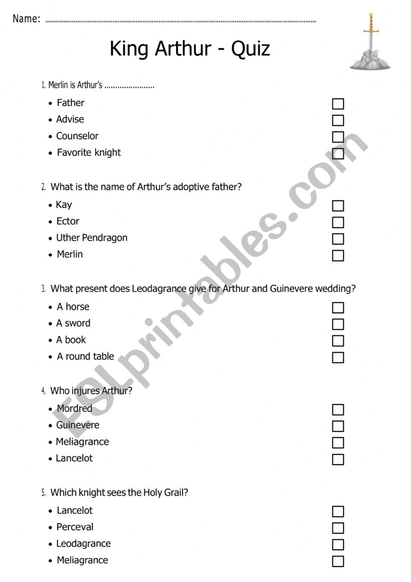 Quiz - King Arthur worksheet