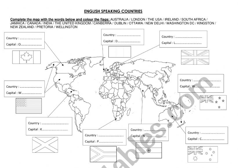 English speaking countries worksheet