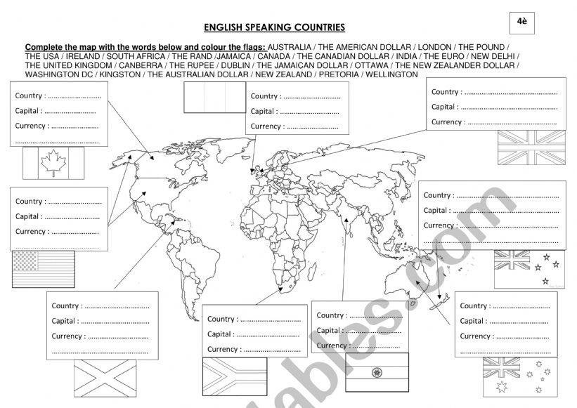 English speaking countries worksheet