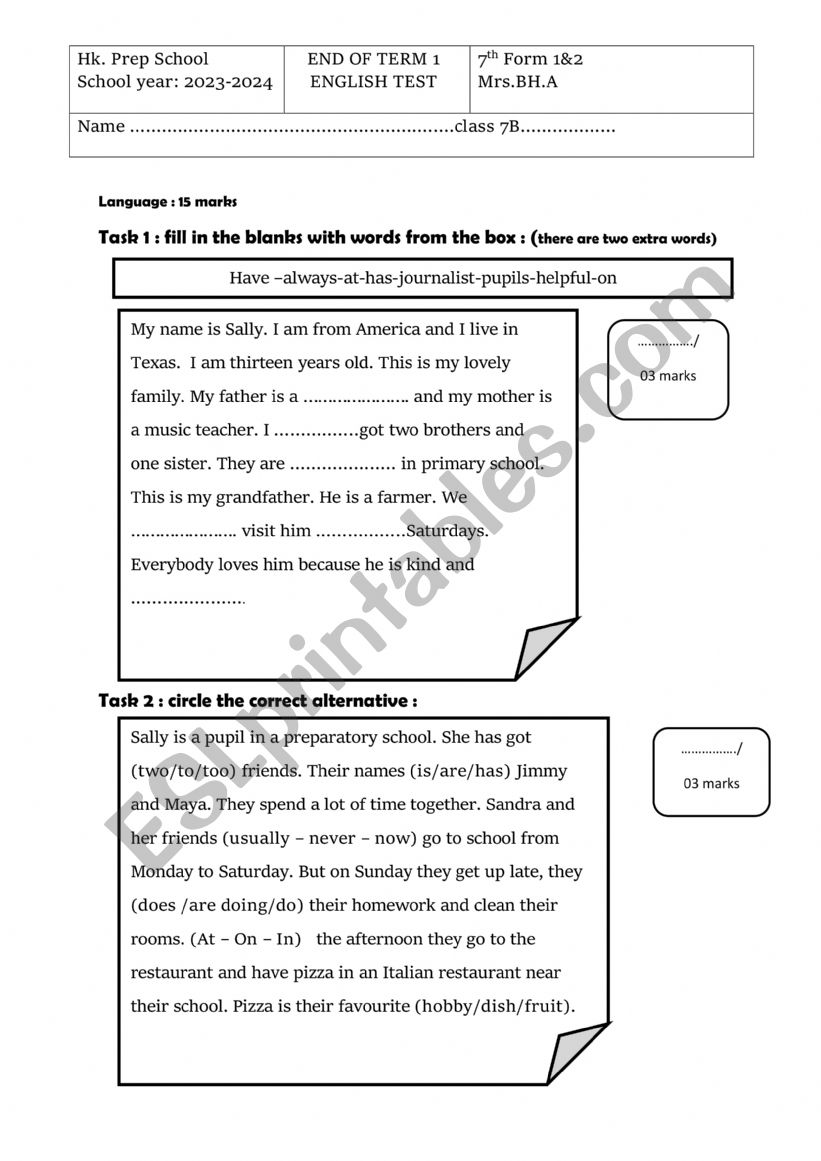 End term 1 Test 7th form worksheet