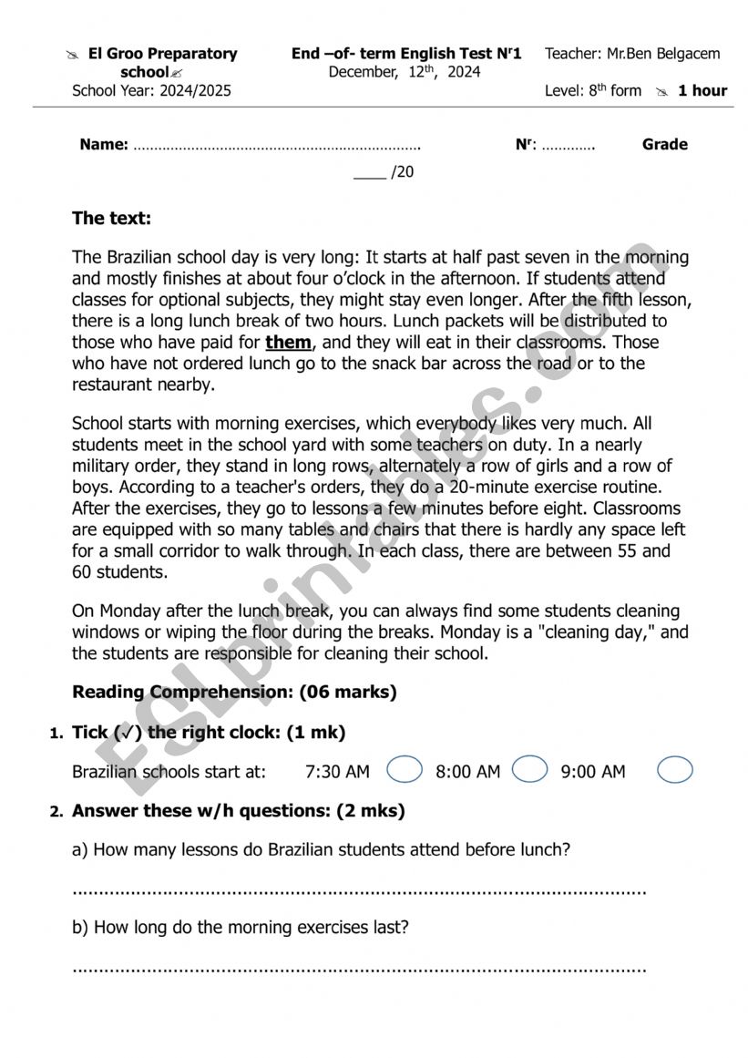 end of term test worksheet