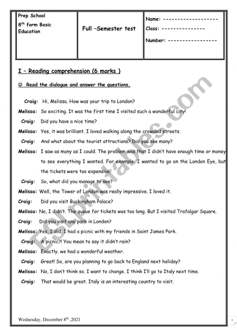 end of term test 1 8th form worksheet