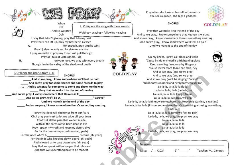 We Pray SONG - COLPLAY  worksheet