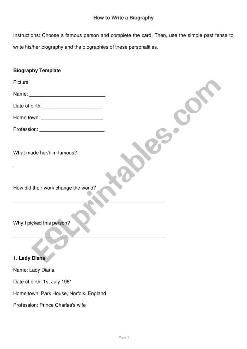 How to Write a Biography worksheet