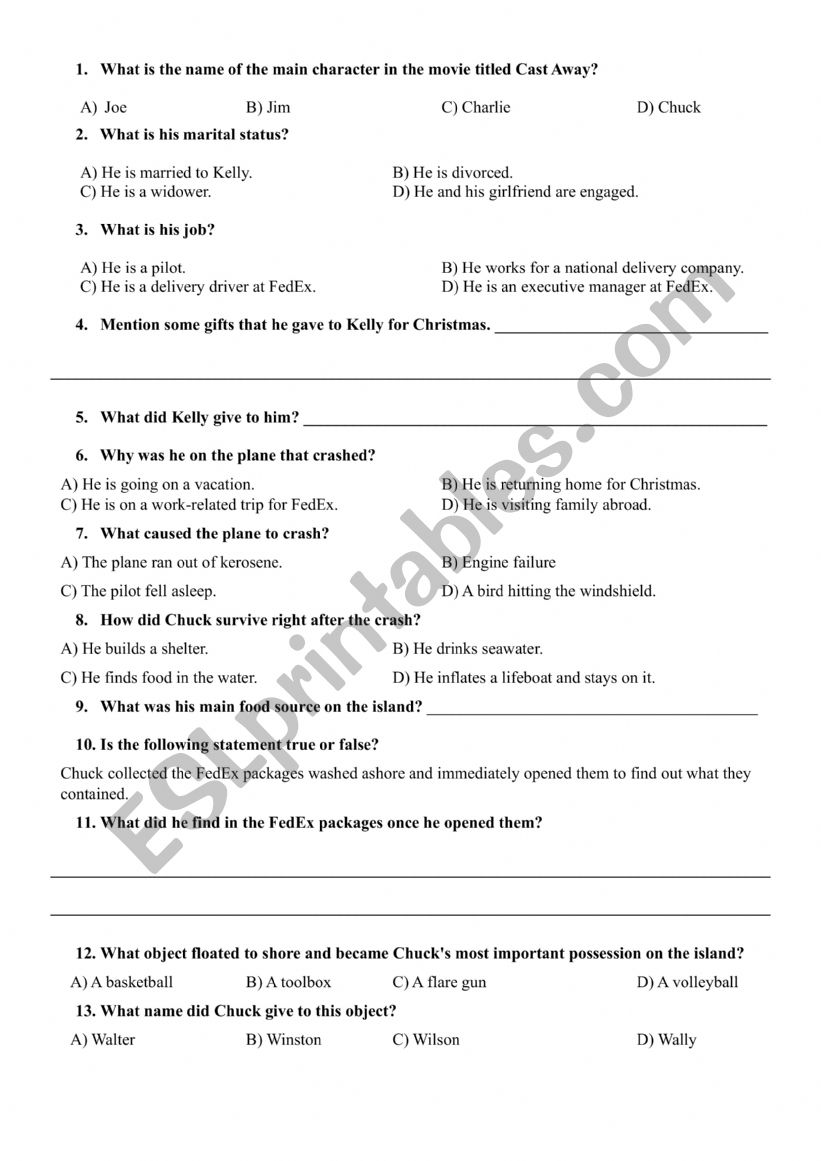 Cast Away - movie worksheet