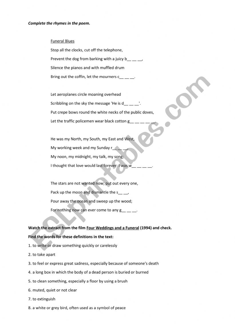 Funeral blues worksheet worksheet