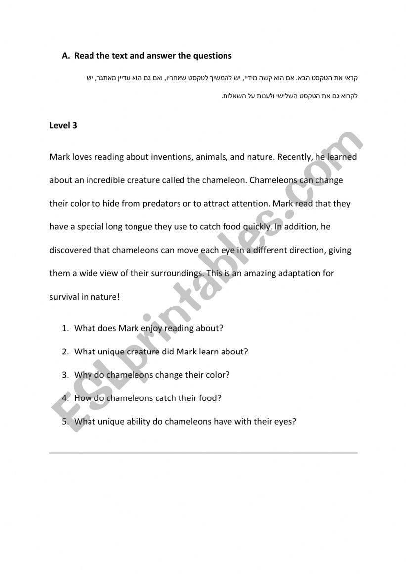 Reading Level Test worksheet