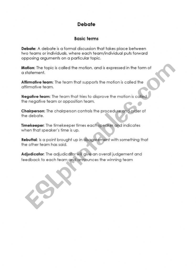 Debate Assessment worksheet