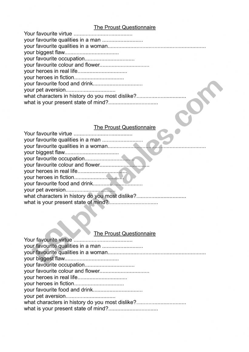 PROUST QUESTIONAIRE worksheet