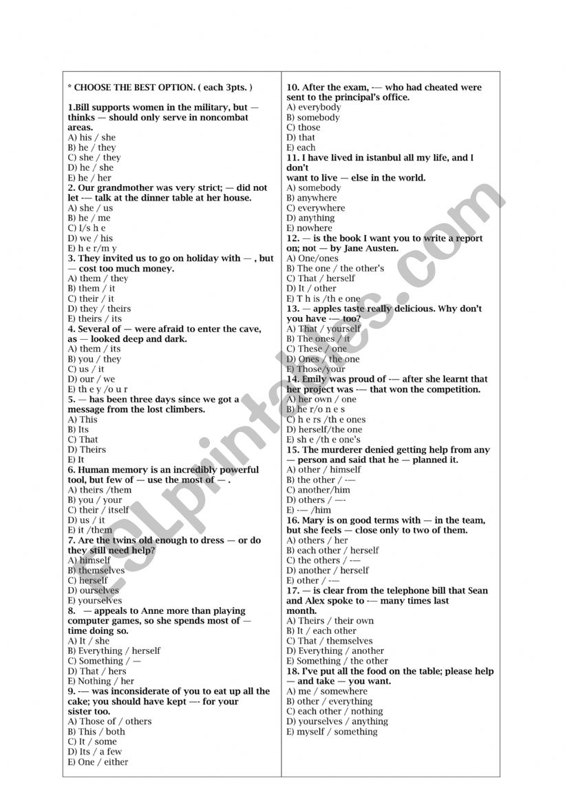 PRONOUNS QUIZ worksheet